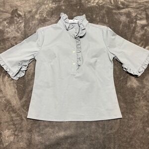 Never A Wallflower Womens Blue Ruffle Neck Cotton Poplin Blouse XS Short Sleeve